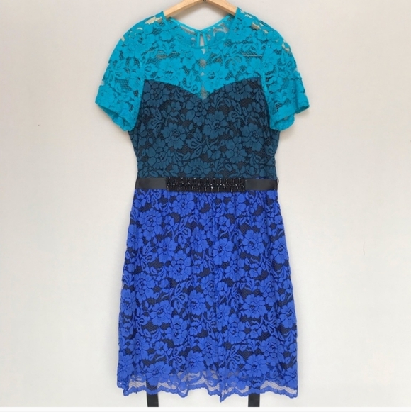 Badgley Mischka lacy blue aqua color block dress w/bead embellished belt size 12 - Picture 1 of 8
